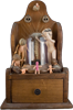 Sepulcher of the Bat - wood, plastic, shell, grass, glass, metal, bat - found object sculpture